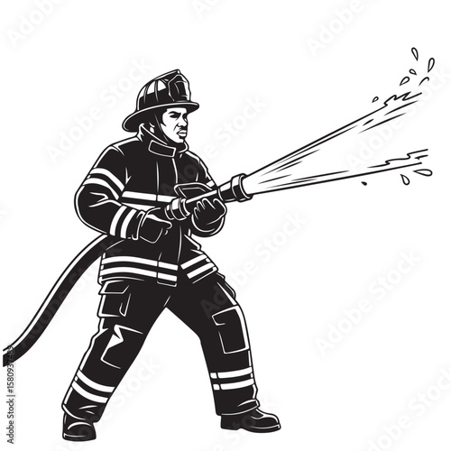 Black and white vector illustration of a firefighter bravely battling a blaze.