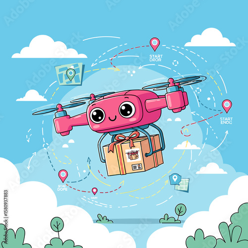 Smiling Pink Drone Delivering Package Along Delivery Route in Sky