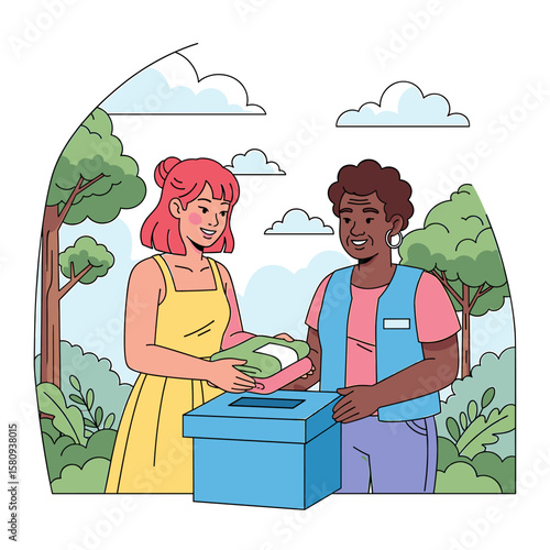 Two Women Voting Together in a Park, Supporting Community and Democracy.