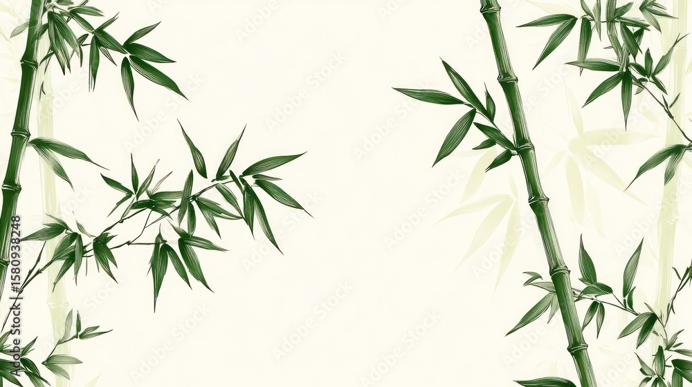 Obraz premium Bamboo branches with leaves on a cream background