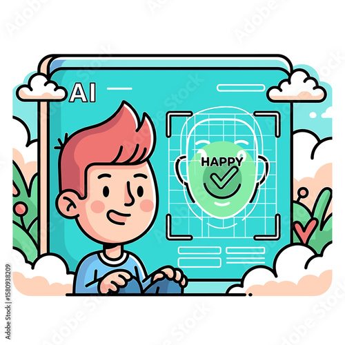AI Emotion Detection: Happy Boy Smiles, Screen Shows Positive Facial Recognition Result