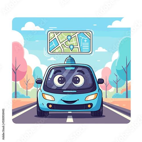 Cartoonish autonomous car with a digital map display and a cheerful expression