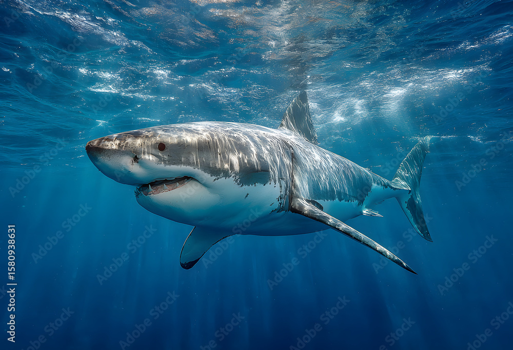 Fototapeta premium Great white shark in deep blue water.