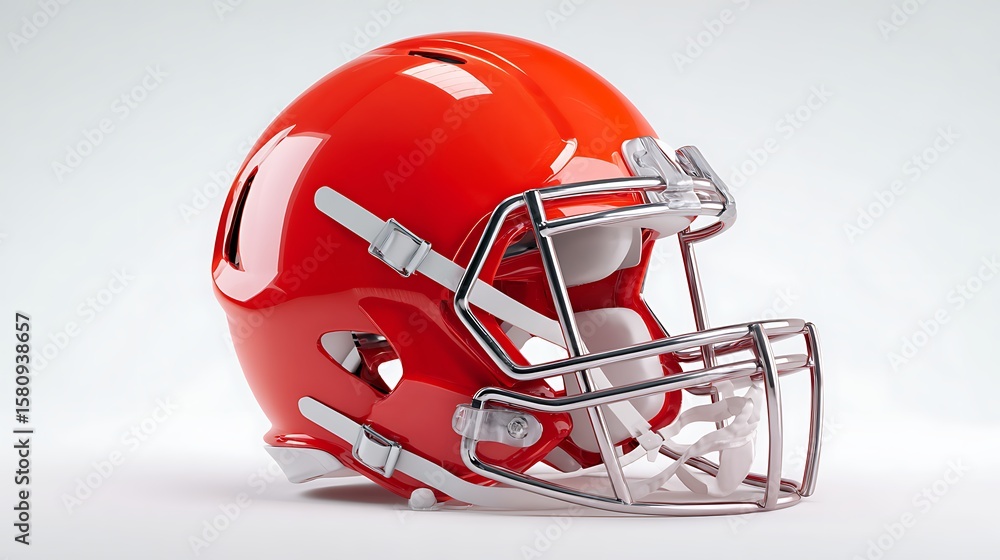 Fototapeta premium Isolated football helmet with face guard shown on white surface. Great for training visuals, match graphics, and school team promotions.