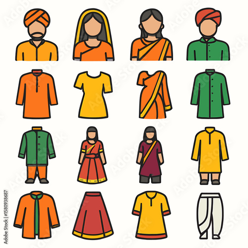 Colorful Illustrated Icons of Traditional Indian Clothing and Attire