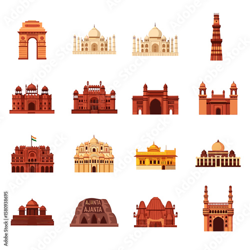 Collection of Indian landmarks, including the Taj Mahal, India Gate, and Qutub Minar