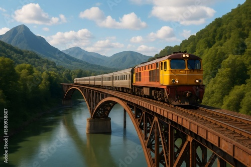 Passenger train travels across a picturesque iron bridge, surrounded by lush green forests and majestic mountains under a clear blue sky