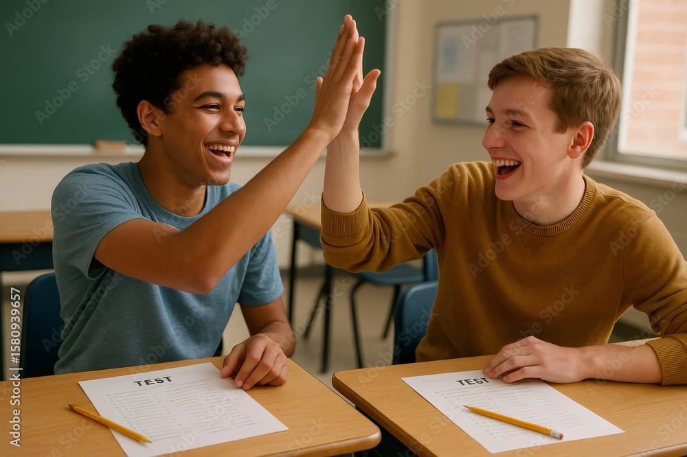 Naklejka premium Two cheerful male high school students giving each other a high five after passing a test in classroom