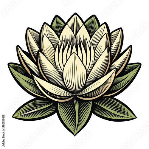 White-isolated water lily flower with green leaves, a beautiful floral vector illustration