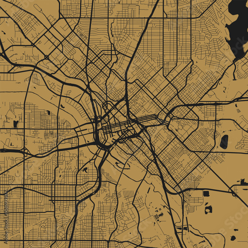 Dallas City Map Art Print Sleek modern urban grid wall decor with refined monochrome aesthetic in Gold on Black style, featuring minimalist blueprint typography and elegant linework.