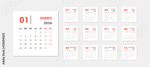 2026 calendar modern classic on Spanish language. Week starts on Monday. Desk or wall calendar in minimalist style