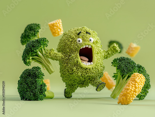 Obesity Prevention Concept, Obesity prevention with healthy food makes monster scream showing frustration