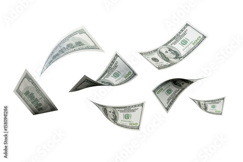 Flying 100 American dollars banknotes on white 
