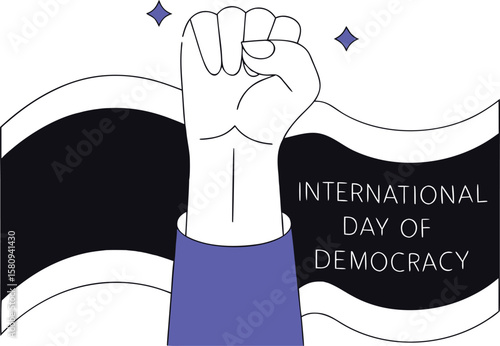 Global celebration of democracy design featuring civic symbols and international unity in cmyk and grayscale palettes