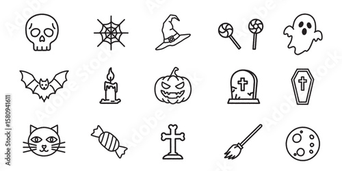 ハロウィンのシンプルでかわいい線画アイコンセット
Cute and Simple Halloween Line Art Icon Set