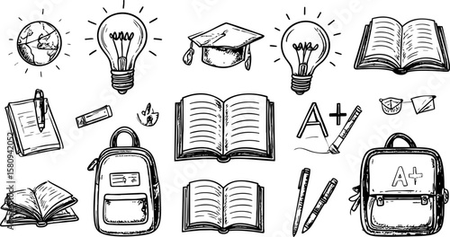 Hand Drawn Education Icons Doodle Style Vector Illustration on White Background