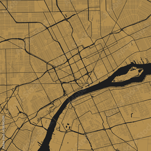 Detroit City Map Art Print Sleek urban grid wall decor featuring refined monochrome linework and modern blueprint style, elevated with Gold on Black simplicity.                    