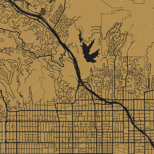 Hollywood Boulevard City Map Art Print Sleek urban grids in refined monochrome tones, Gold on Black modern blueprint wall decor featuring minimalist linework.                      