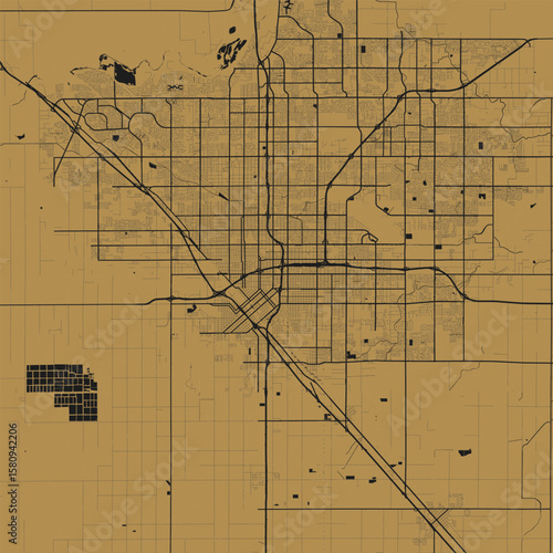 Fresno City Map Art Print Elegant Gold on Black Designs Featuring Sleek Urban Grids, Modern Monochrome Blueprints, and Refined Linework for the Modern Home.                        