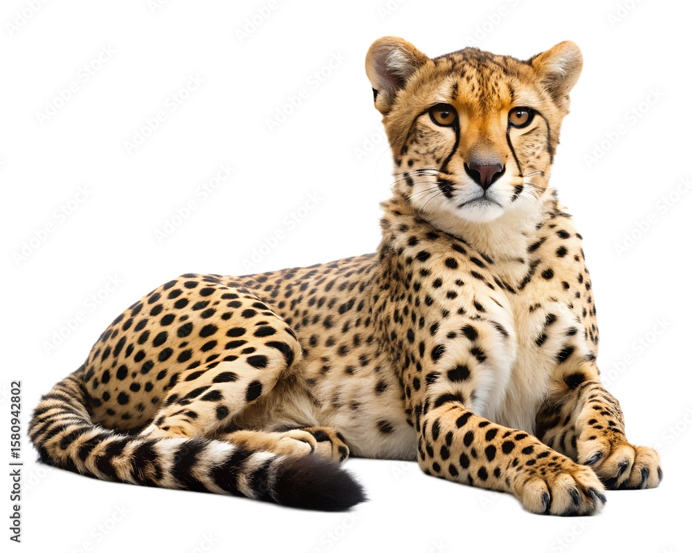 A beautiful cheetah lying down looking directly at the camera isolated on transparent background A beautiful cheetah lying down looking directly at the camera isolated on transparent background