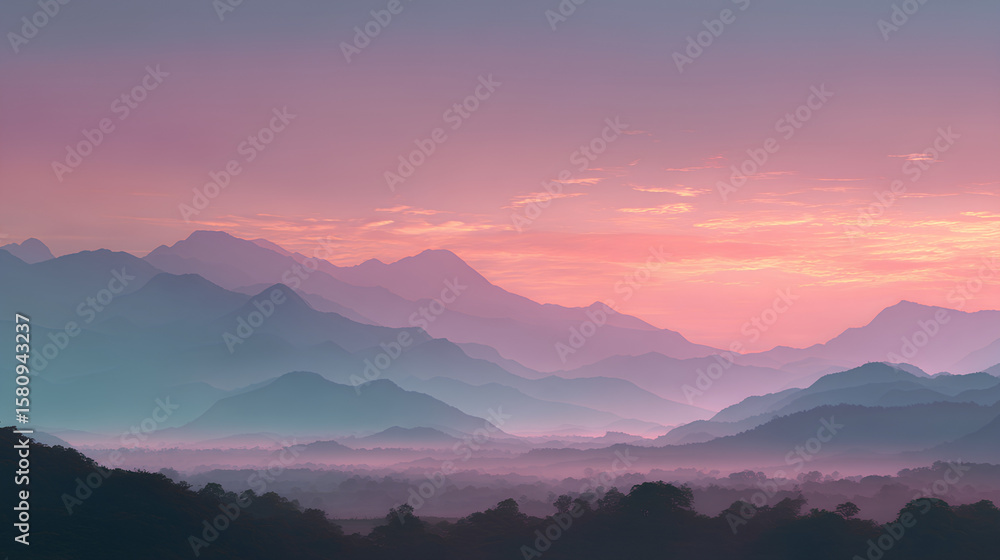 Fototapeta premium Serene Pastel Sunrise Over Misty Mountain Range