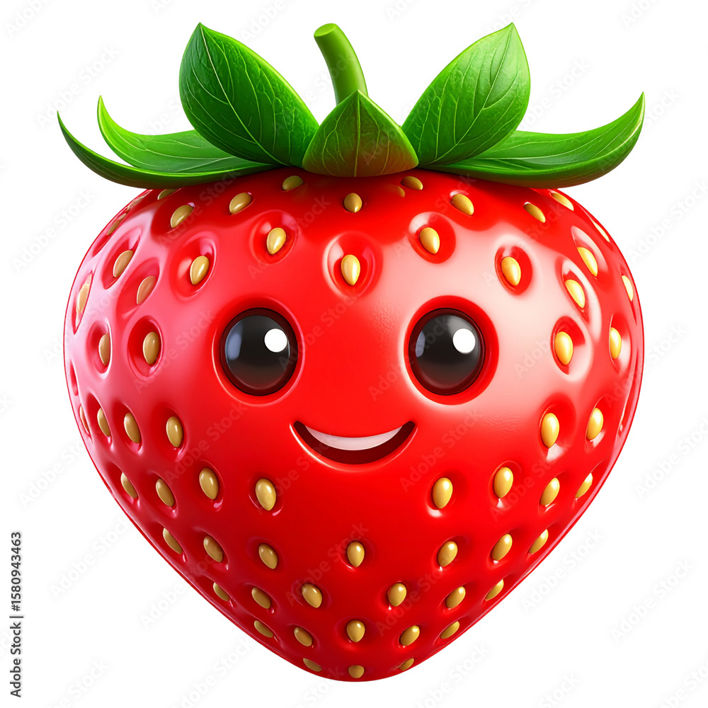 Obraz premium Angled View of Smiling Strawberry Character with Glossy Eyes and Green Leaf Cap, PNG Cutout
