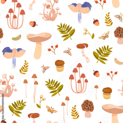 Autumn seamless pattern with various mushrooms, leaves, berries, acorns and moths on a light background. Botanical mushroom pattern is perfect for cover, poster, wrapping, wallpaper, home decor