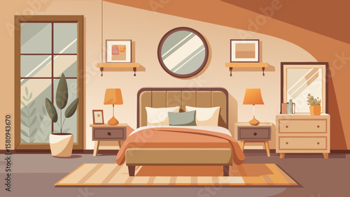 Warm Toned Bedroom Interior with Bed Nightstands and Natural Light