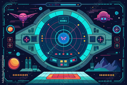 Retro Futuristic Spaceship Cockpit with Radar Screen and Control Panels Illustration