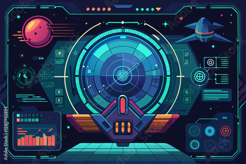 Futuristic Spaceship Cockpit Interface with Planet Spaceship and Navigation Display Elements