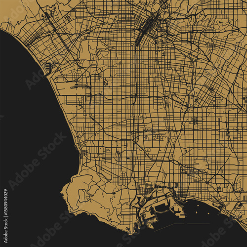 Los Angeles City Map Art Print Sleek Urban Grid Wall Decors in Refined Monochrome with Delicate Linework, Modern Blueprints in Gold on Black, Elevating Spaces with Neutral Cartographic Elegance.