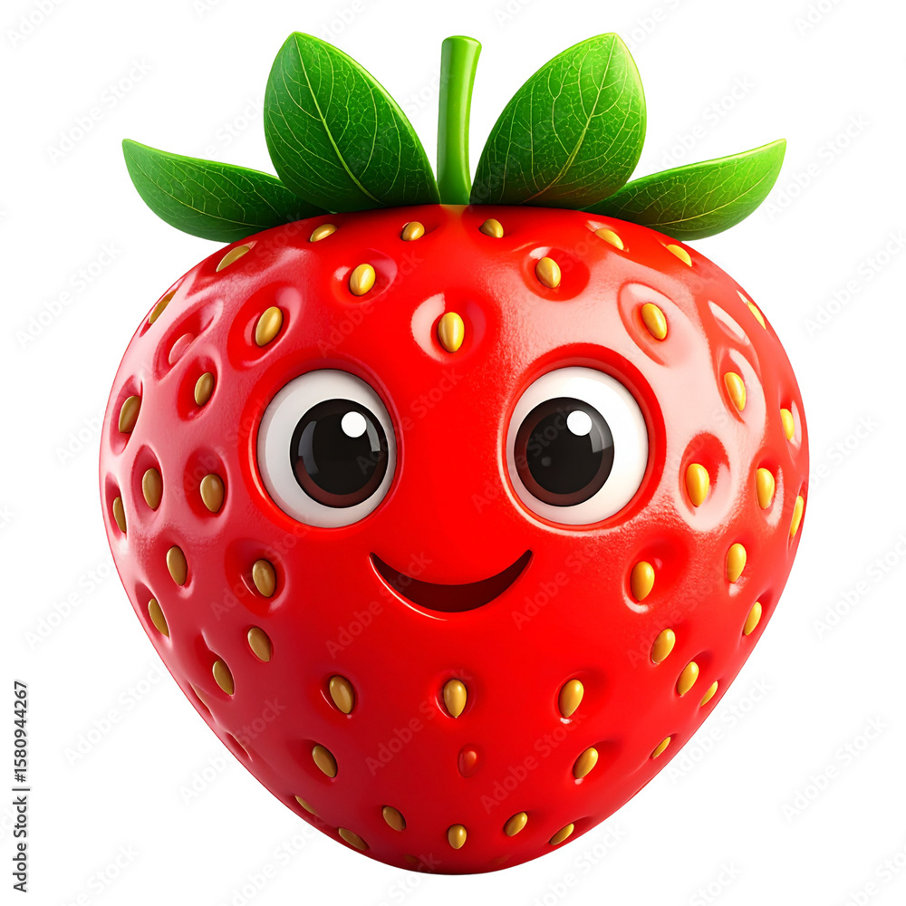 Obraz premium Cartoon Strawberry with Big Eyes, Smile, and Two Green Leaves, Front View, Isolated PNG