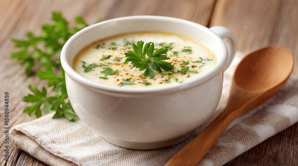 A delicious bowl of creamy soup garnished with fresh herbs, served on a rustic wooden table, inviting warmth and comfort. A delicious bowl of creamy soup garnished with fresh herbs, served on a rustic wooden table, inviting warmth and comfort.