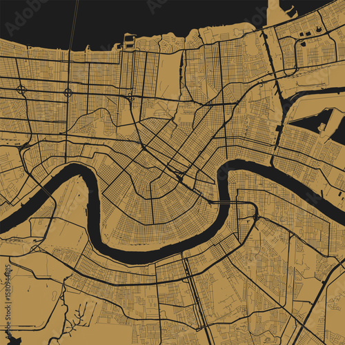 New Orleans City Map Art Print Sleek urban grid designs in refined monochrome hues, Gold on Black modern blueprint style, minimalist wall decor with precise linework.              