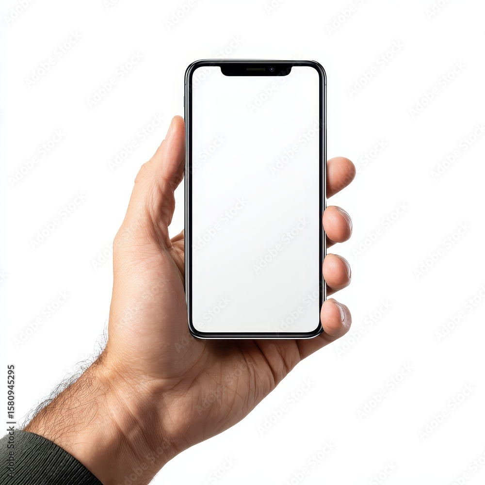 A person holding a cell phone with a blank screen A person holding a cell phone with a blank screen