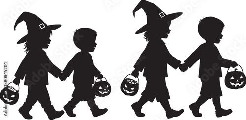 Children in witch hats trick or treating with pumpkins silhouette