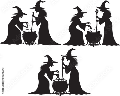 Two witches brewing potion in a cauldron silhouette
