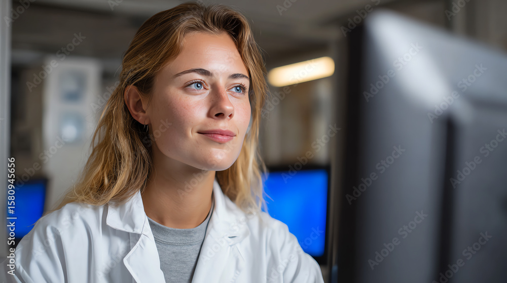 Fototapeta premium A focused female scientist working on a computer in a laboratory setting, embodying dedication and passion for research and discovery.
