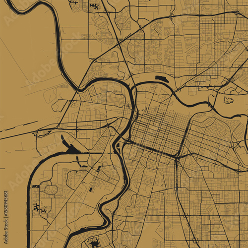 Sacramento City Map Art Print Sleek Urban Grid Designs in Refined Monochrome, Gold on Black Aesthetic, Modern Blueprint Wall Decor.                                                 