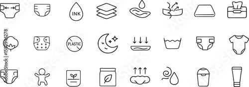 Diaper Care Stroke Icon Set — Featuring Diapers, Wipes, Rash Cream, Disposal Bags, and Changing Essentials. Editable Outline Collection for Baby Hygiene and Nursery Needs.