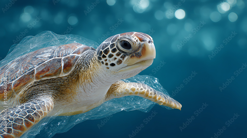 Fototapeta premium A green sea turtle swimming gracefully through clear waters, showcasing the beauty of marine life and the importance of ocean conservation.