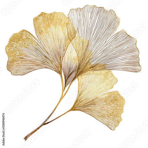 Golden ginkgo leaves with delicate veins and elegant fan shapes create sacred botanical element with fine, detailed texture and shimmering metallic appearance