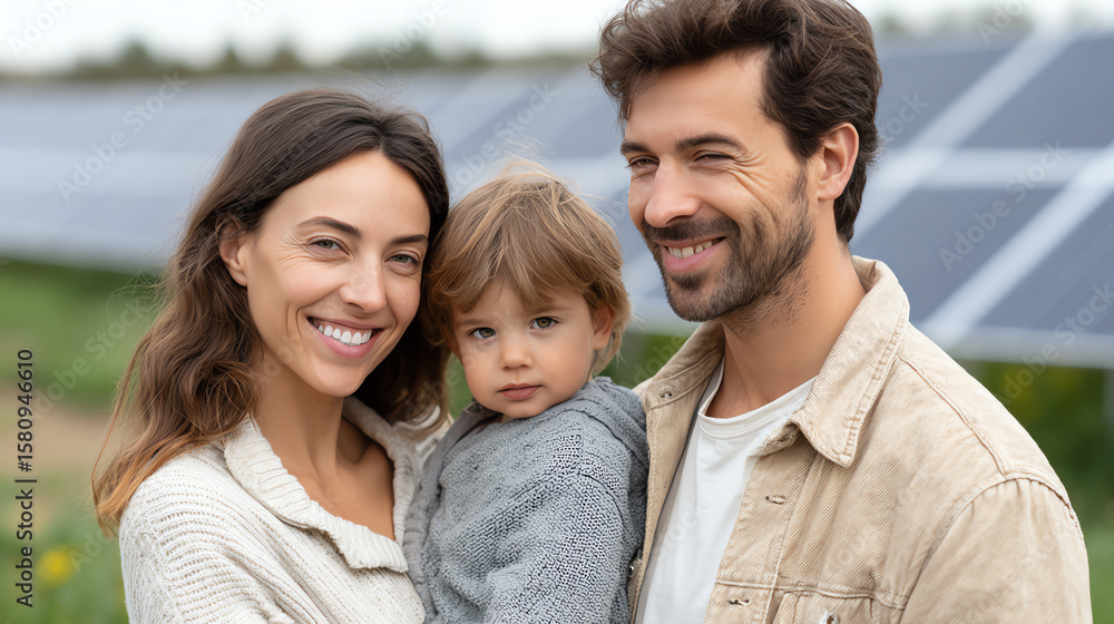 Fototapeta premium A happy family enjoys a sunny day outdoors, showcasing joy and togetherness with solar panels in the background.