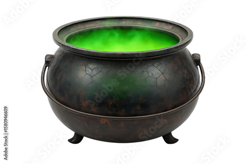 Ancient cracked cauldron bubbling with mysterious green potion and smoke
