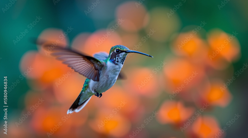 Naklejka premium High-angle, long-exposure photograph of a hummingbird in motion, light trails visible, elevated viewpoint showing blurred wings and vibrant background..jpg