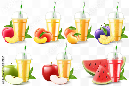 Set of clear plastic cups with juice or smoothie. Cup with sphere dome cap for milkshake, lemonade. Fruity organic shake with different exotic fruits. Fruit cocktail. Realistic 3d vector template