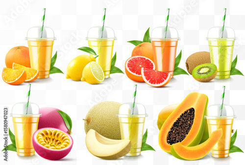 Set of clear plastic cups with juice or smoothie. Cup with sphere dome cap for milkshake, lemonade. Fruity organic shake with different exotic fruits. Fruit cocktail. Realistic 3d vector template