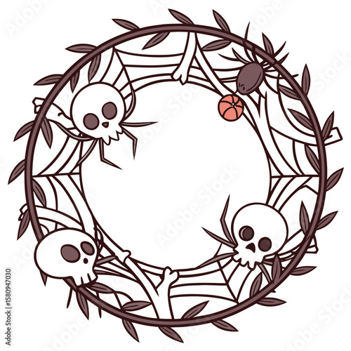 A spooky halloween wreath featuring skulls, spiders, spiderwebs, bones, and leaves in a circular design