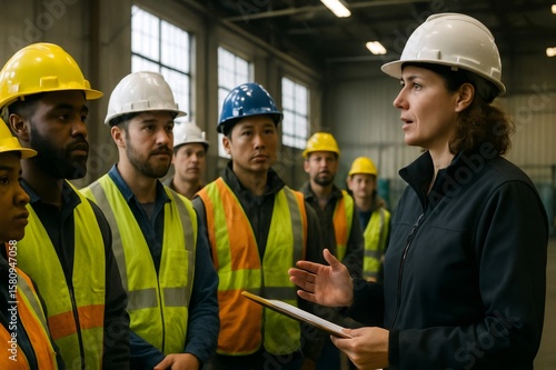 Team of workers attentively listening to their female supervisor during a morning safety meeting in a bustling factory environment