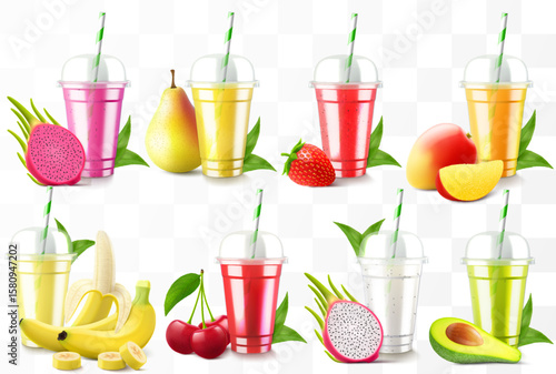 Set of clear plastic cups with juice or smoothie. Cup with sphere dome cap for milkshake, lemonade. Fruity organic shake with different exotic fruits. Fruit cocktail. Realistic 3d vector template